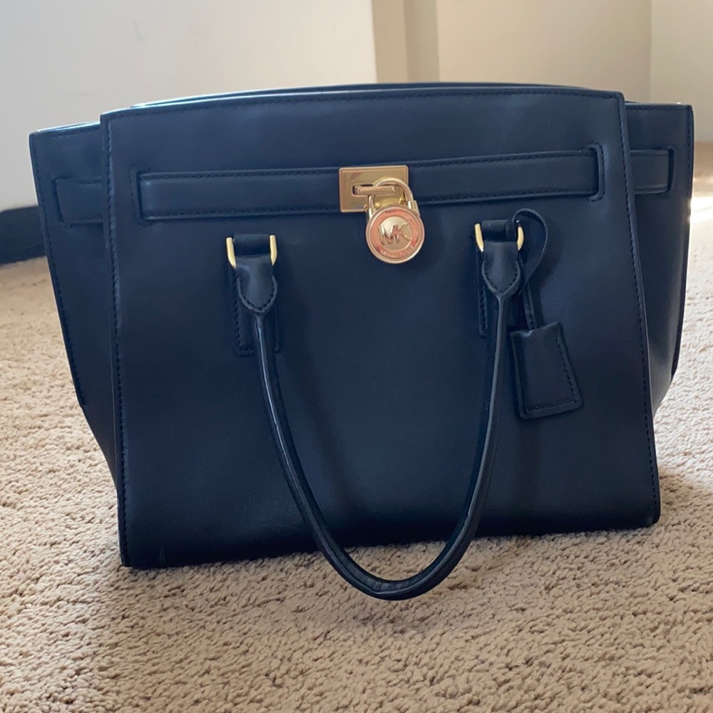 Michael Kors Genuine Black Leather Lock Tote